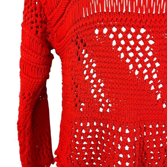 Zara Womens Loose Open Crochet Knit Red Pullover 3/4 Sleeve Sweater sz Small - Picture 6 of 16